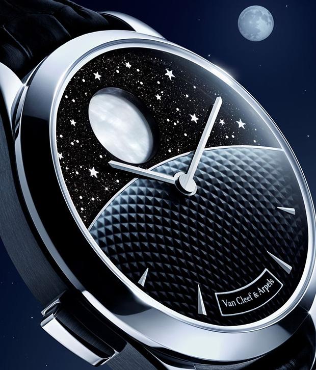 The Midnight Jour Nuit Phase de Lune uses a rotating 24-hour disc to guide the sun and moon across a black aventurine dial, featuring a \"moment on demand\" complication that triggers a full rotation at the wearer\'s desire.