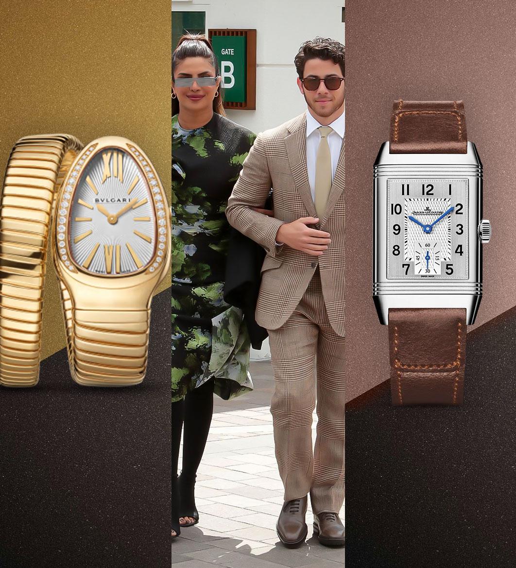 Nick Jonas And Priyanka Chopra arrived at Wimbledon wearing a Jaeger-LeCoultre Reverso Classic Monoface and Bulgari Serpenti, respectively