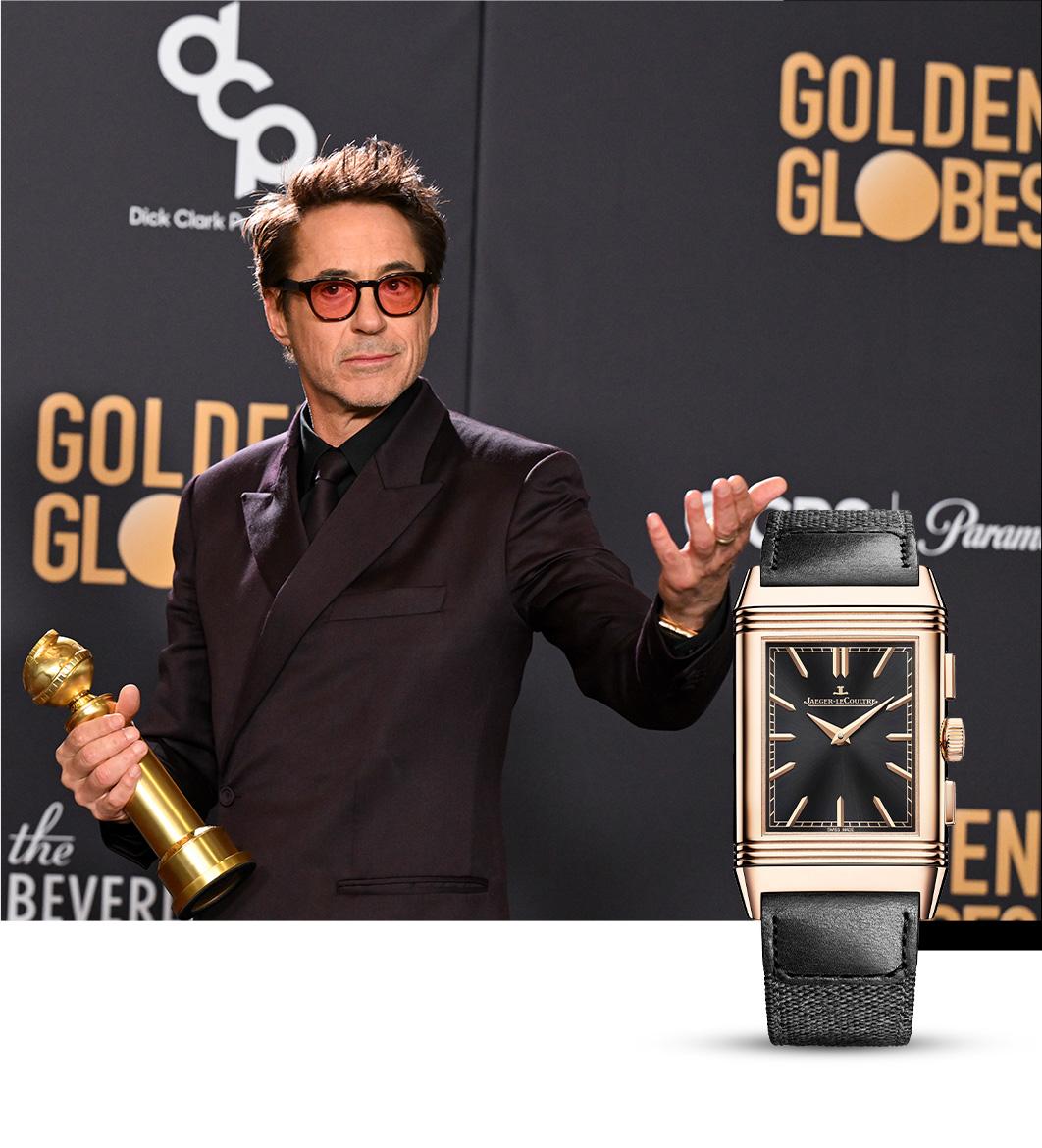 Robert Downey Jr. in Jaeger-LeCoultre Reverso Tribute Chronograph in pink gold