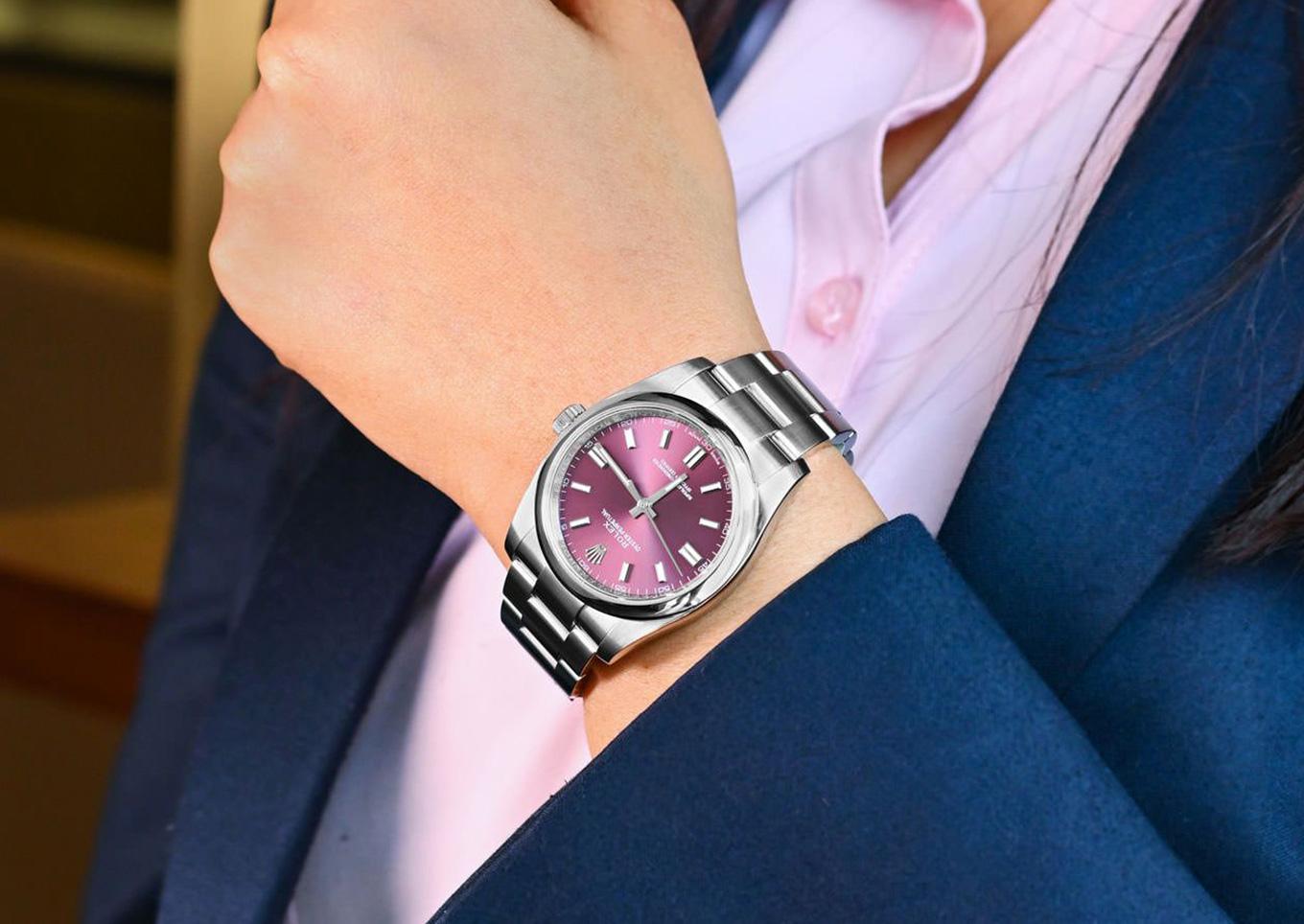 Rolex OP 116000 purple dial detail