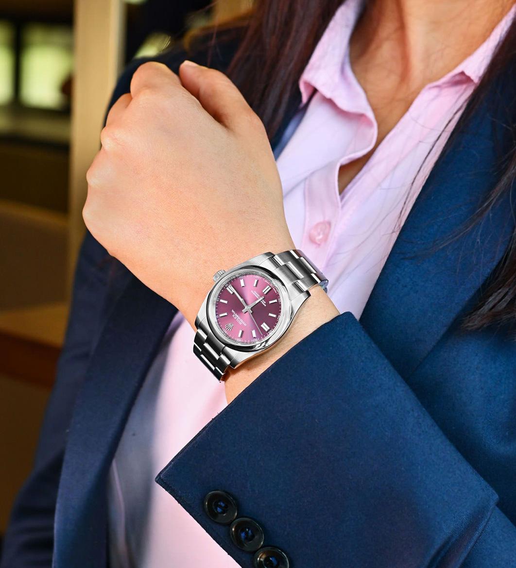 Rolex OP 116000 purple dial detail