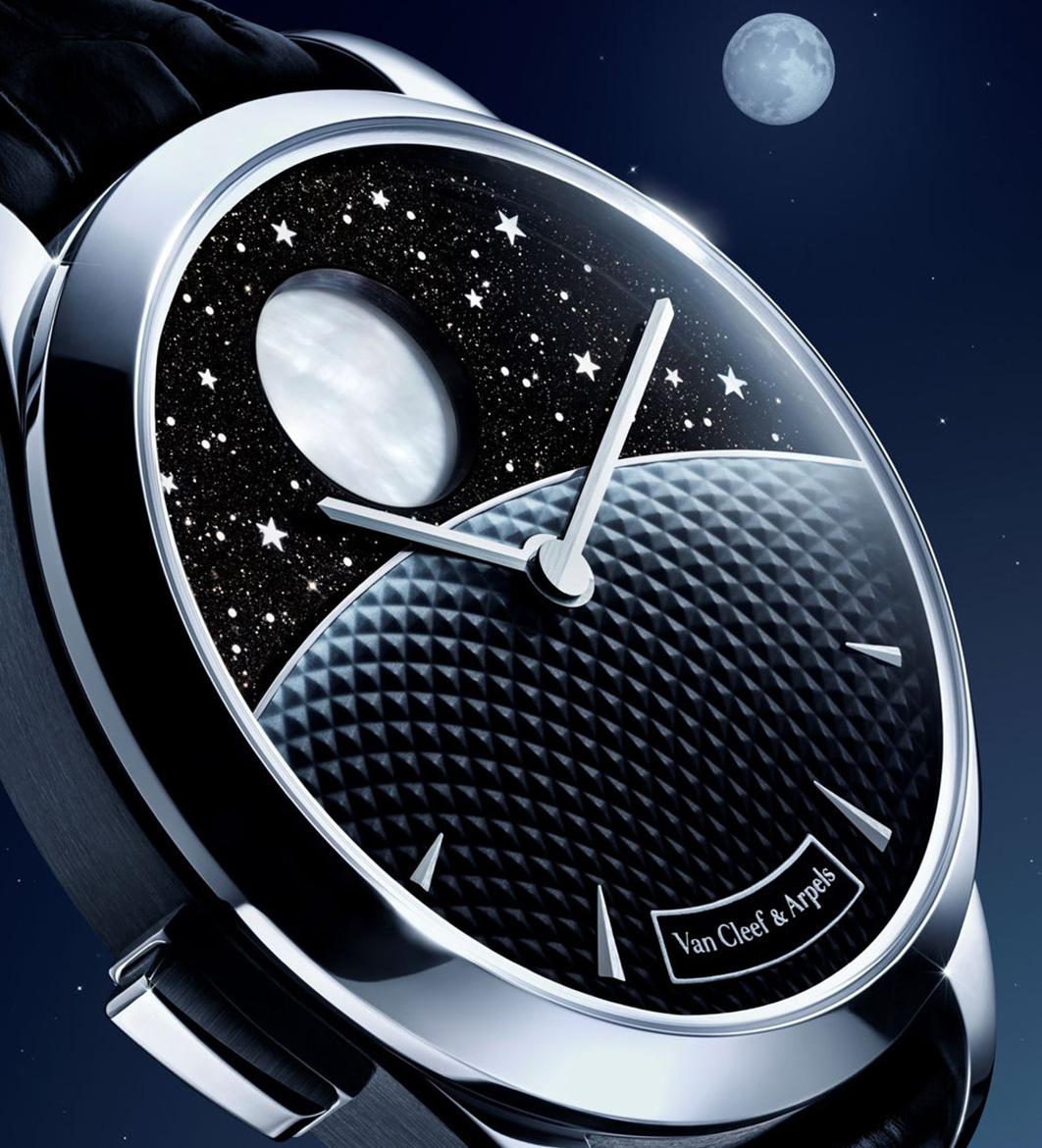 The Midnight Jour Nuit Phase de Lune uses a rotating 24-hour disc to guide the sun and moon across a black aventurine dial, featuring a \"moment on demand\" complication that triggers a full rotation at the wearer\'s desire.