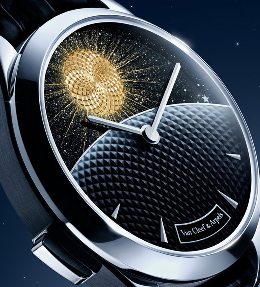 The Midnight Jour Nuit Phase de Lune uses a rotating 24-hour disc to guide the sun and moon across a black aventurine dial, featuring a \"moment on demand\" complication that triggers a full rotation at the wearer\'s desire.